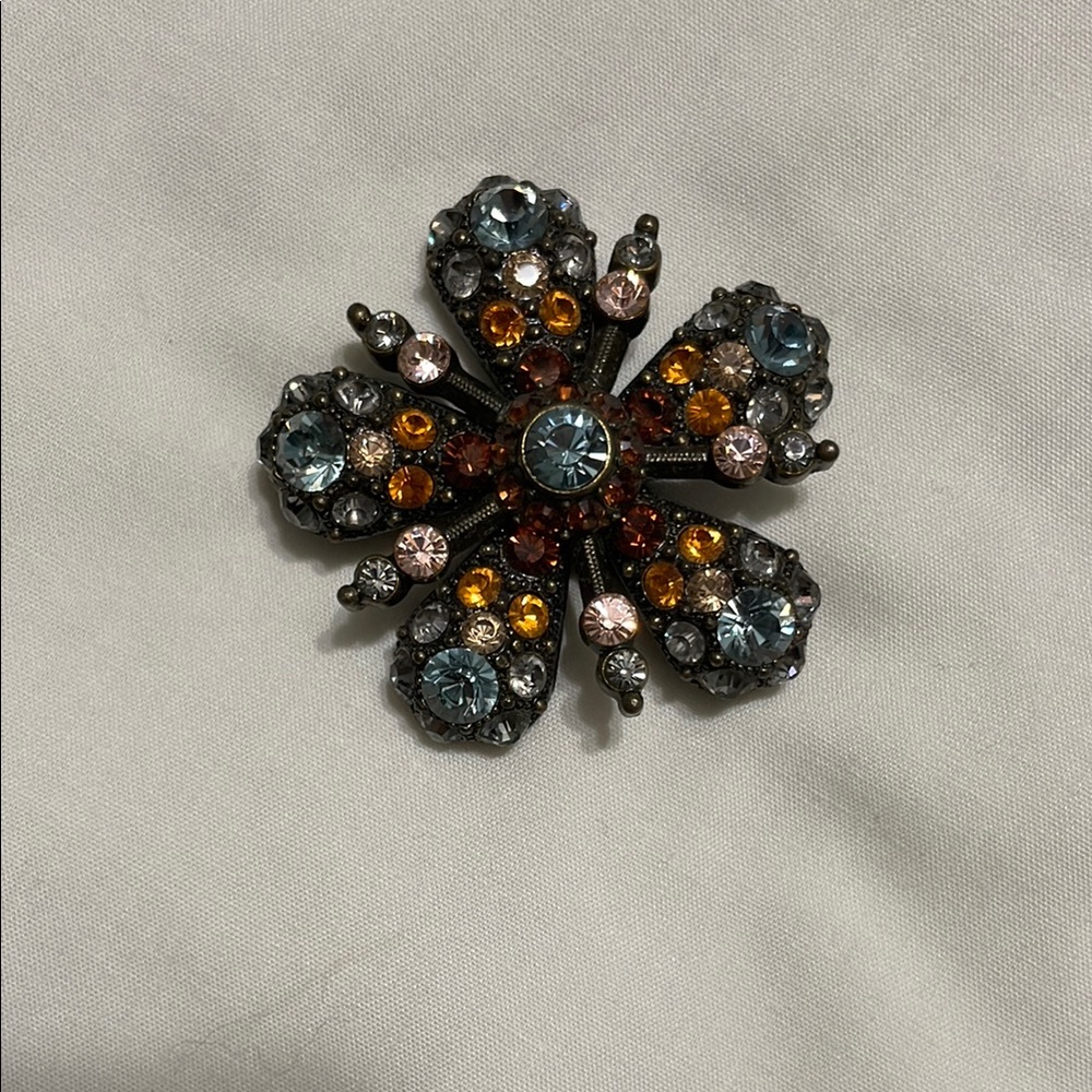 Blue and Orange Floral Brooch with Gemstone Accents